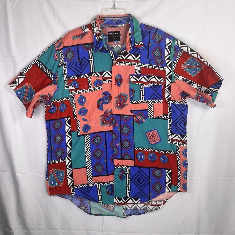 Vtg Frontier Series Western Short Sleeve‎ Shirt Southwest Aztec Men's XL - Picture 2 of 6